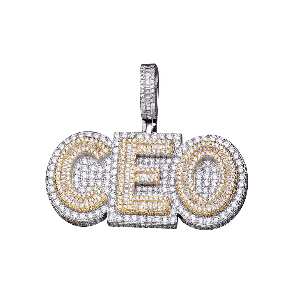 Wholesale Two Tone Plated Iced Out Baguette Cz Diamond VVS Moissanite Custom CEO Pendant