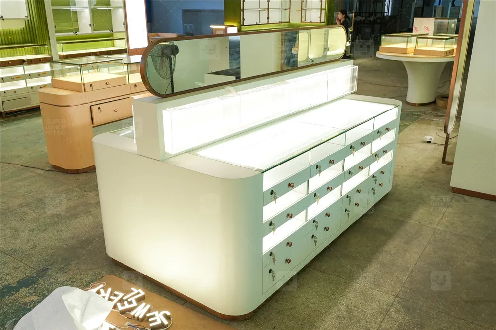 Trendy Glass Jewellery Store Wall Display Cabinet Fine Diamond Necklace Shop Furniture Luxury Jewelry Display Showcase for Sale