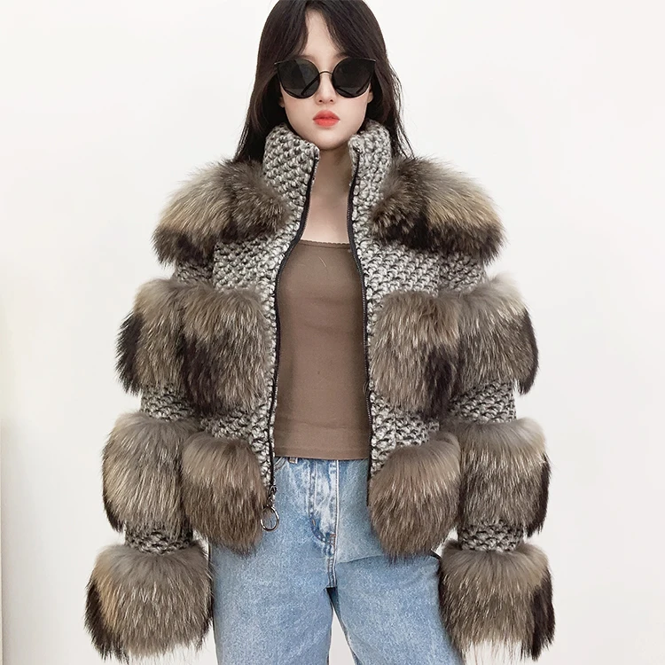 2021 Real fox fur winter jacket women weave stand collar fox fur coat