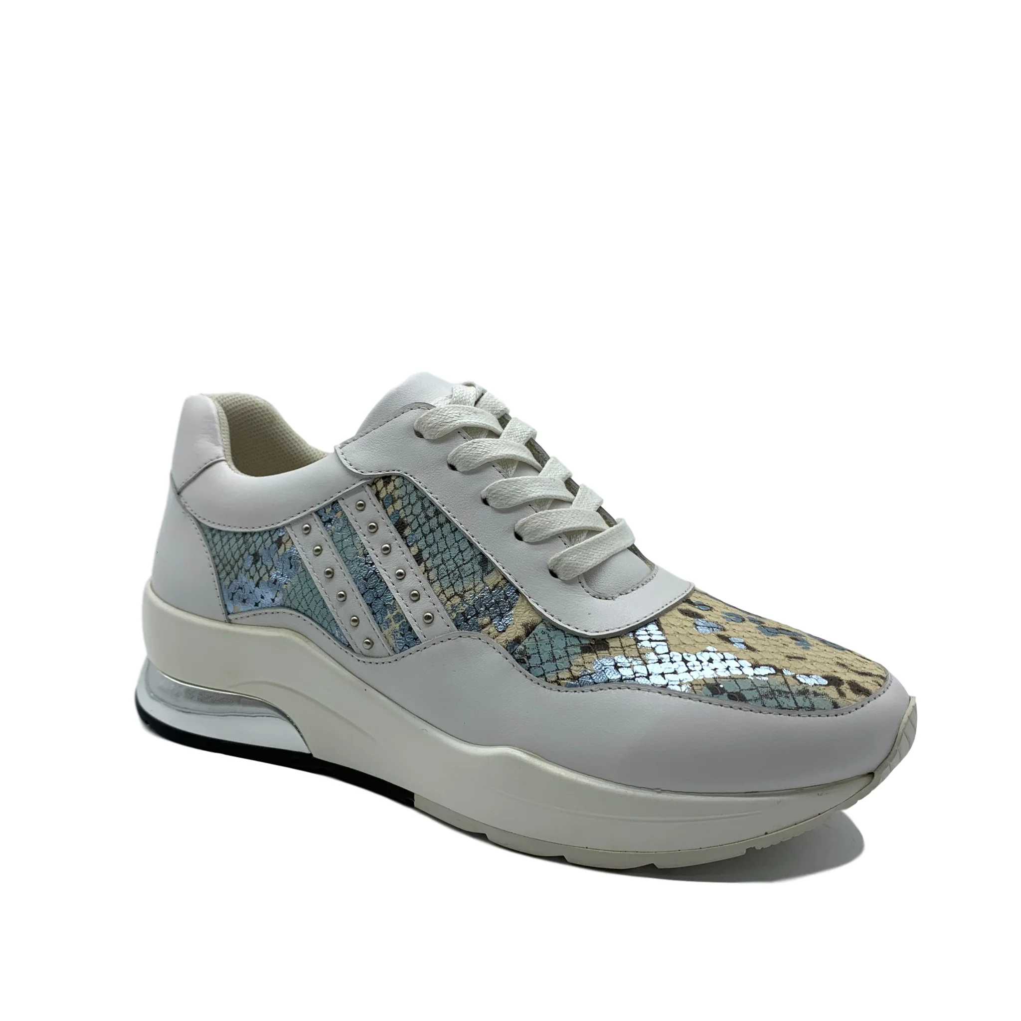 
2021 top quality women sneakers mixed color lace up causal shoes snake leather sport shoes with studs 