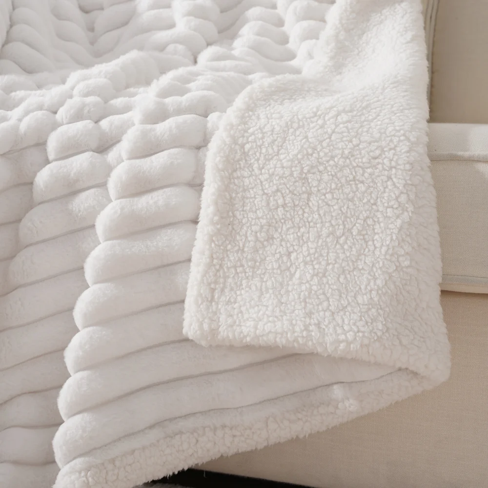 Luxury Warm Reversible Jacquard Striped Faux Fur Minky Sherpa Snow White Throw Blanket Super Soft Fuzzy Fleece Sofa Blanket