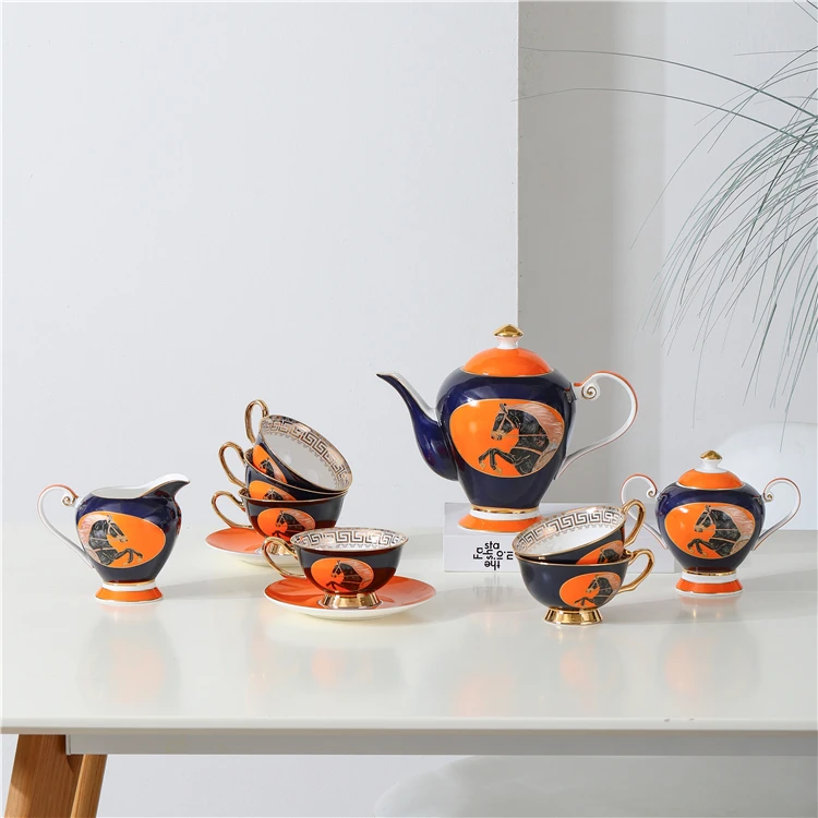 JIABAIEN Royal style 15pcs bone China tea set horse decal colorful design teapot tea cup set custom ceramic coffee set for gift.jpg