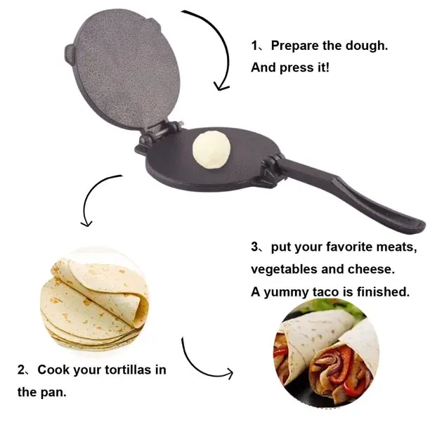 Heavy Duty Flour Tortilla Maker Cast Iron Saj Bread Maker 8 inch Preseasoned Cast iron Tortilla press with Foldable Handle