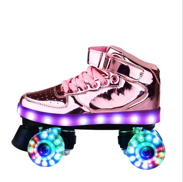
Quads cheapest roller skates Quads PU Leather 4 Wheels Shiny High-top Roller Skate For Boys And Girls Women 