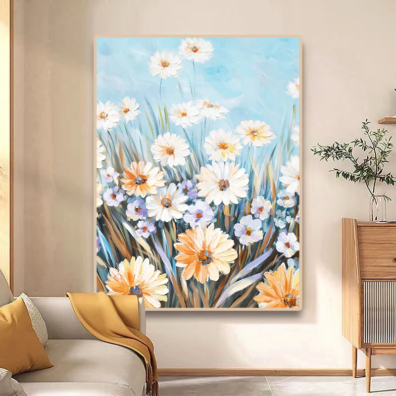 Custom Flower Oil Painting Blue Orange Canvas Modern Oil Painting 100% Handmade Painted With Framed Wall Art For Home Decor