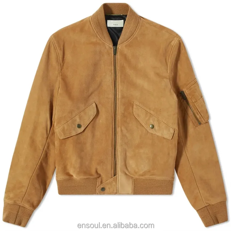 OEM Custom utility arm pocket short lambskin suede bomber jacket for men