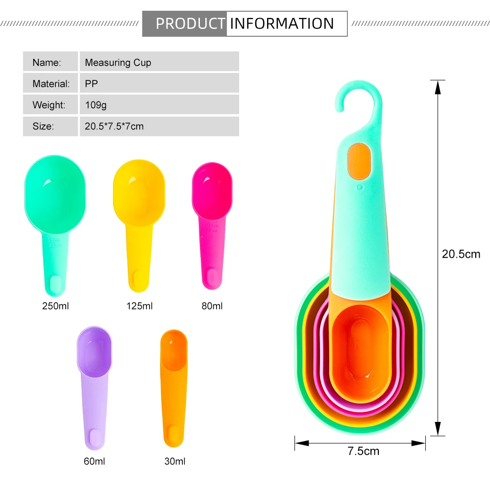 Custom Style Colorful 5 Piece  Plastic Measuring Cups and Spoons Set for Baking Coffee Kitchen Measuring Tool