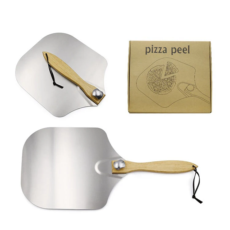 Amazon hot sale foldable wood handle removable pizza aluminum shovel cake safety transfer folding pizza tray baking pizza tool