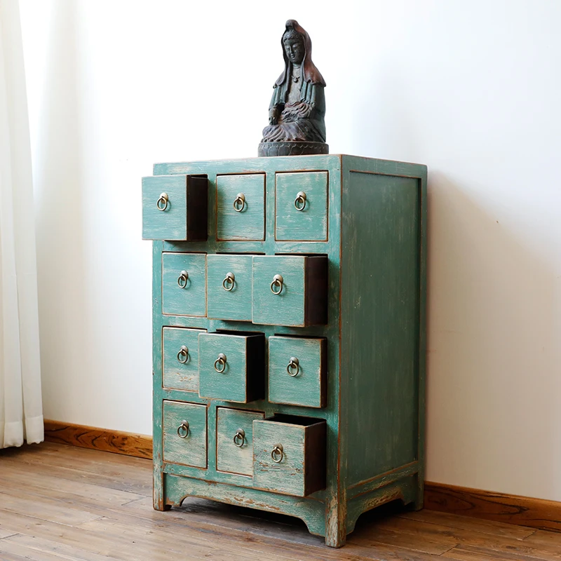 Furniture factory Chinese traditional distressed lacquered wood furniture paint vintage multi-purpose 12-drawer cabinet