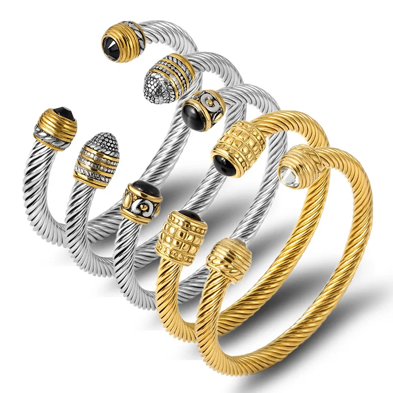 Gold Plated Stainless Steel Tennis Open Expandable Twisted Cable Wire Cuff Bracelet Bangle