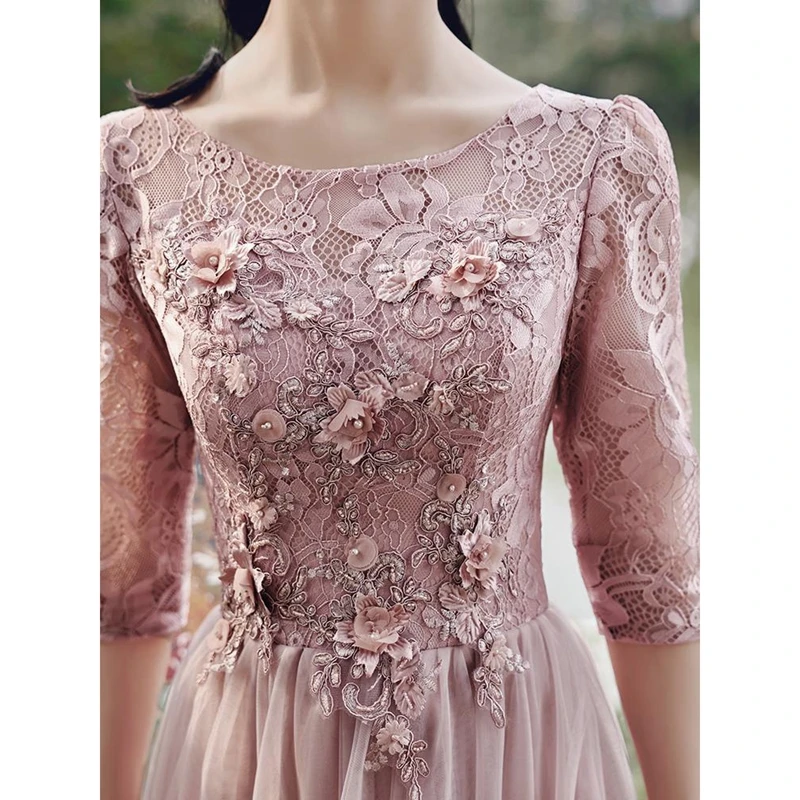 Xuya Senior Long-sleeved Pink Bridesmaid Dress Slim Sisters Group Dress Skirt For Women