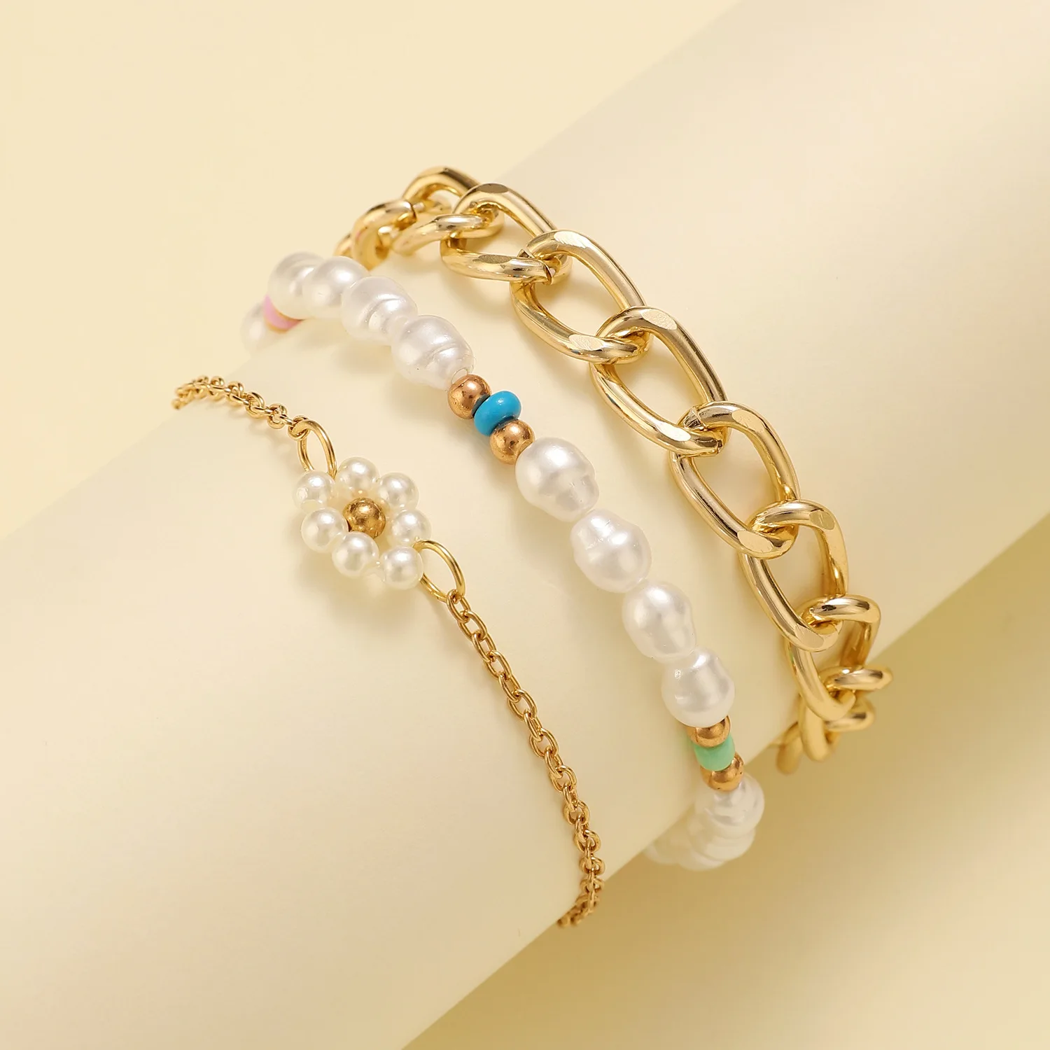 2024 Mixed Wholesale Simple Cuban thick chain pearl flower bracelet set bracelet jewelry women