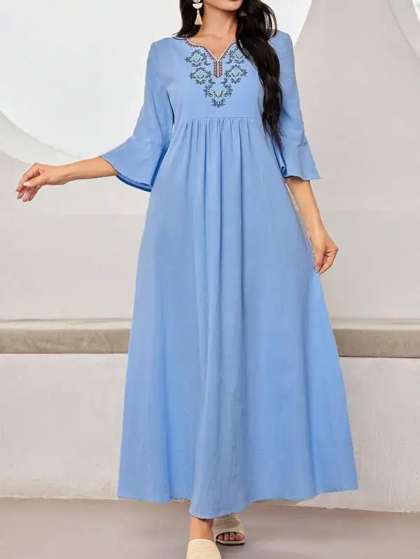 2024 Wholesale African Womens Clothing Elegant Long Puff Sleeve Square Neck Solid Color Maxi Plus Size Dresses