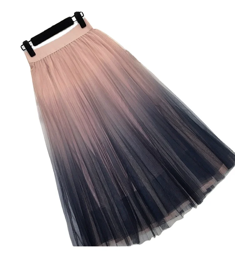 
Long Tulle Skirt Women Summer New Gradient Korean Elegant High Waist A-line Pleated Sun School Midi Skirt Female 