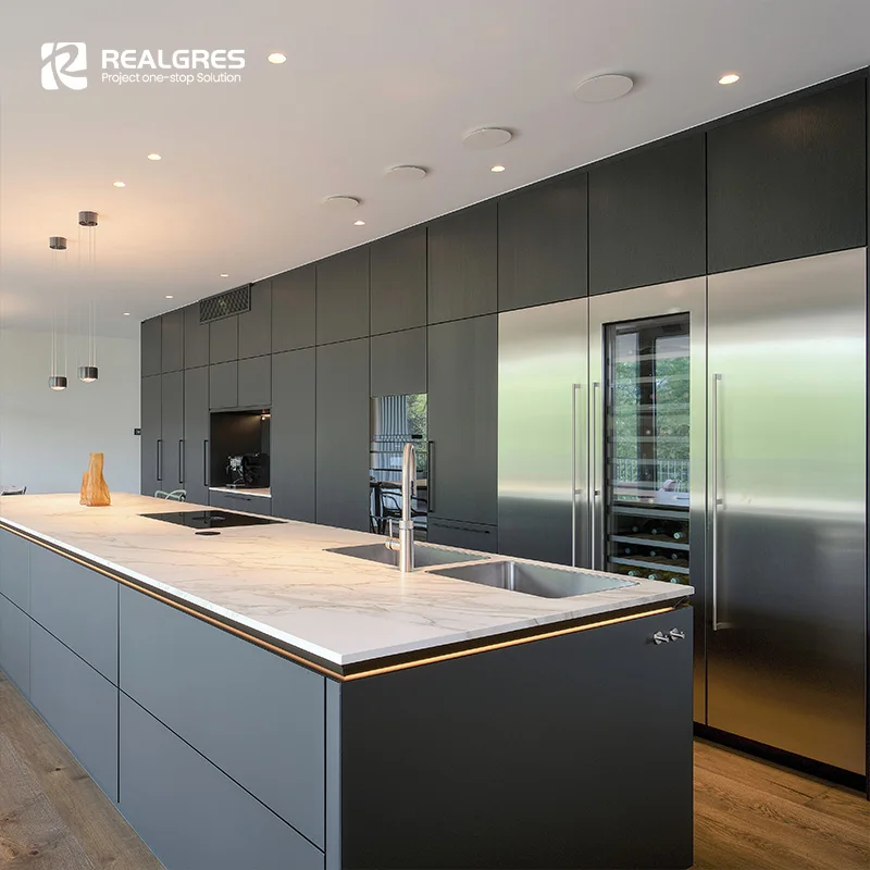 Contemporary Wood Veener Kitchen Set Matt Grey Cupboard Ready To Assemble Lacquer Kitchen Cabinets With Island