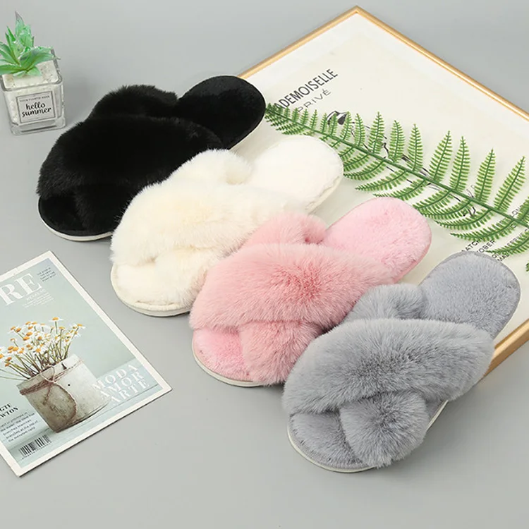 C fashion Home Soft Bottom Plush Pantoufle Pour Femmes Peluche Fluffy fuzzy cross fur slippers slides slippers for women
