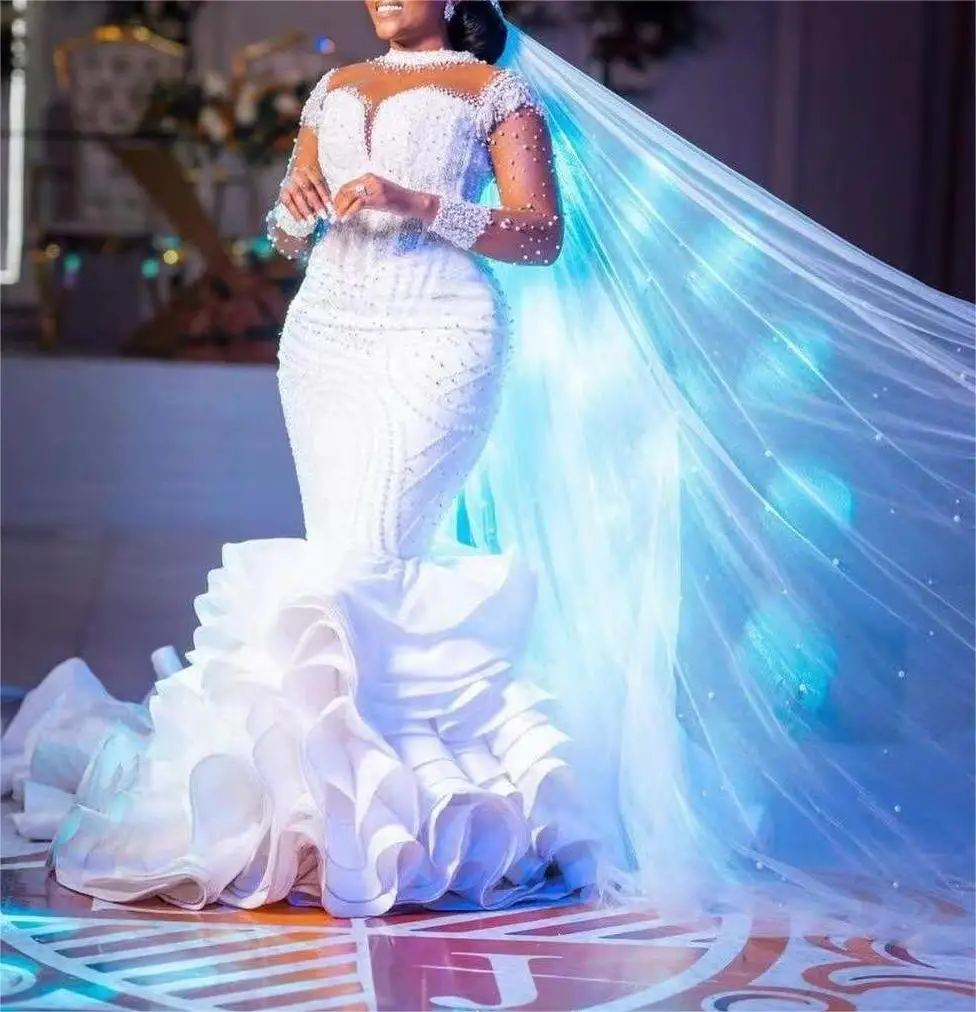 2024 High Neck Plus Size Luxury Heavy Beaded Long Sleeves White ivory African Bride Mermaid Wedding Dress with Ruffles 2024