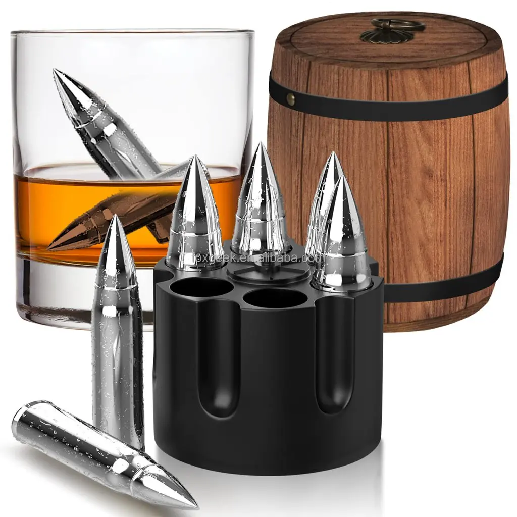 Whiskey Stones Bullet Set of 6 Ice Cubes in Whiskey Barrel  304 Stainless Steel Chilling Stone Laser Engraving Factory