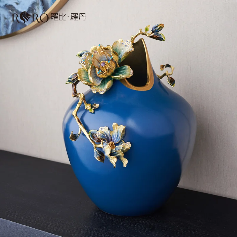 RORO Vase flower wholesale tabletop desk decorative ceramic porcelain blue round shape flower vase for living room office decors