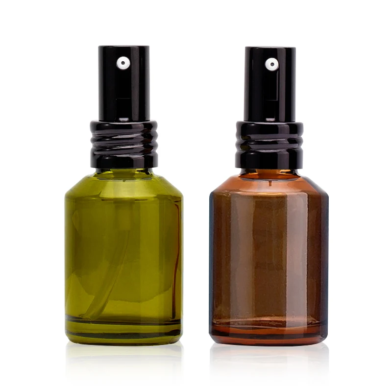 
luxury Minimum order allow black spray cap round shoulder 30ml green and brown plastic cosmetic pet bottle 