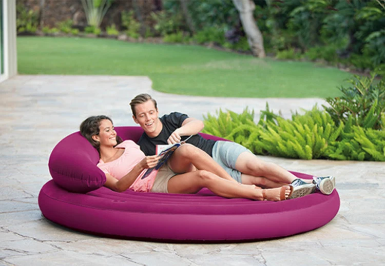 Newest flocking double round couch inflatable sofa bed with backrest