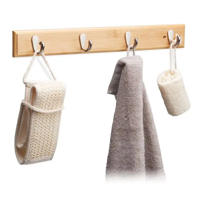 
Wall-Mounted Coat Rack - 4 Matt-Nickel Triple Coat Hooks for Wall on Stylish Wooden Bamboo Base 42 All Fixings Included 