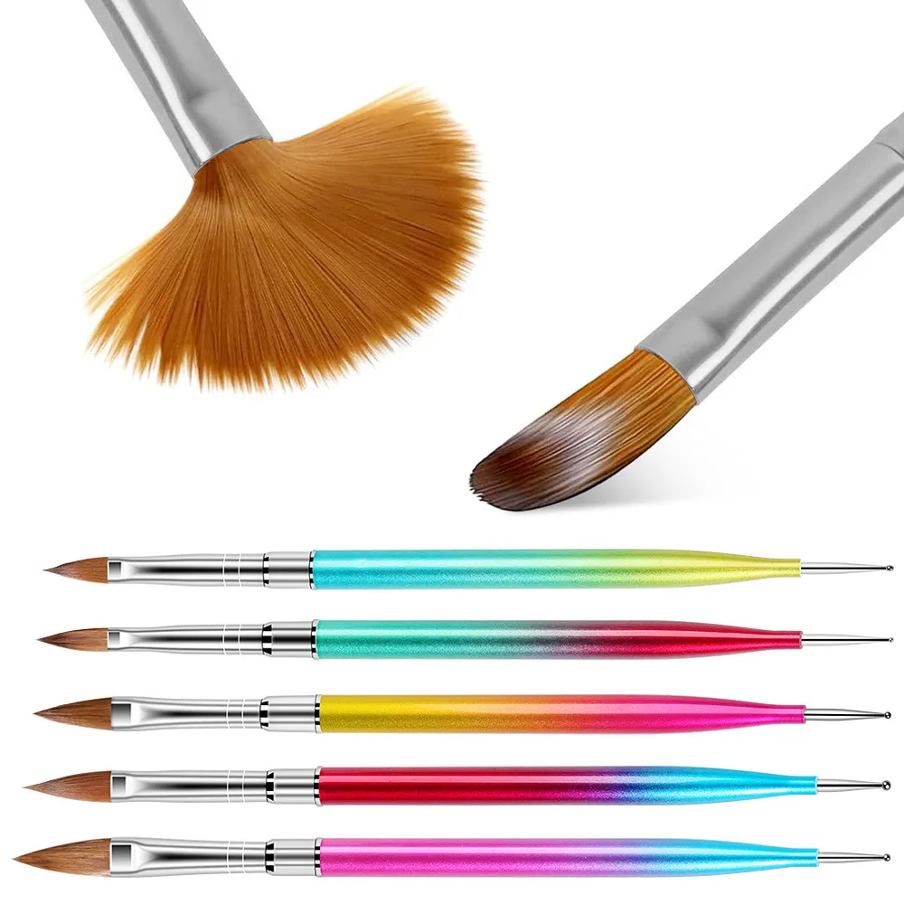 5pcs/set Nail Art Dotting Painting Pen Uv Gel Acrylic Drawing Carving Rainbow Chrome Liner Brush Tools 2 Ways Manicure Diy Tool