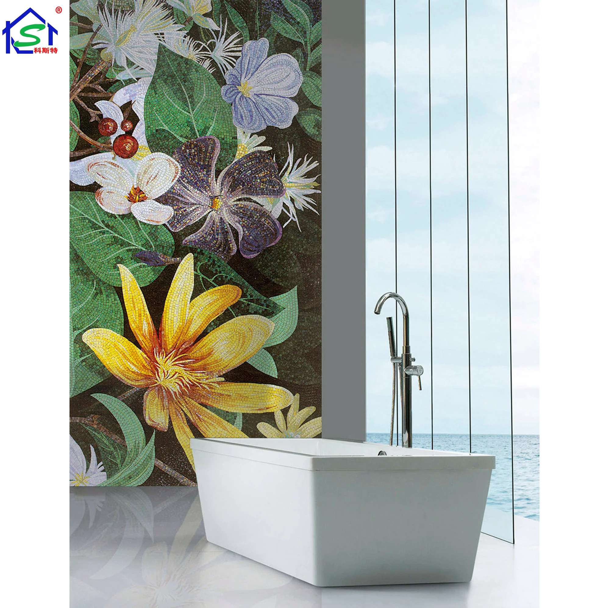 Handmade Custom Multicolored Flower Pattern Swimming Pool Glass Mosaic Mural Art Mosaic Pattern