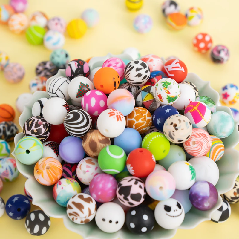 Wholesale Printing Multi Color Mix Leopard Silicone Beads Bpa Free Customizable Round Shape Silicone Beads Wholesale