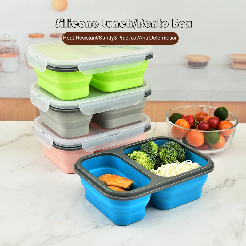 New Foldable Portable 2 Components Silicone Bento Box Durable Convenient Use Lunch Box Vegetables Fruits Storage Container