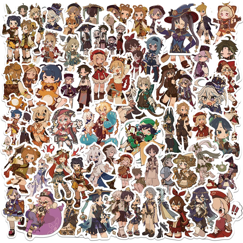 60pcs Kawaii Genshin Impact Game Character Stickers Diy Phone Case Skateboard Luggage Helmet Decoration Waterproof Toy Sticker