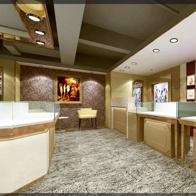 Luxury Gold Jewelry Store Wall Display Cabinet Design Custom Curved Glass Jewelry Counter Furniture Shopping Mall Display Rack