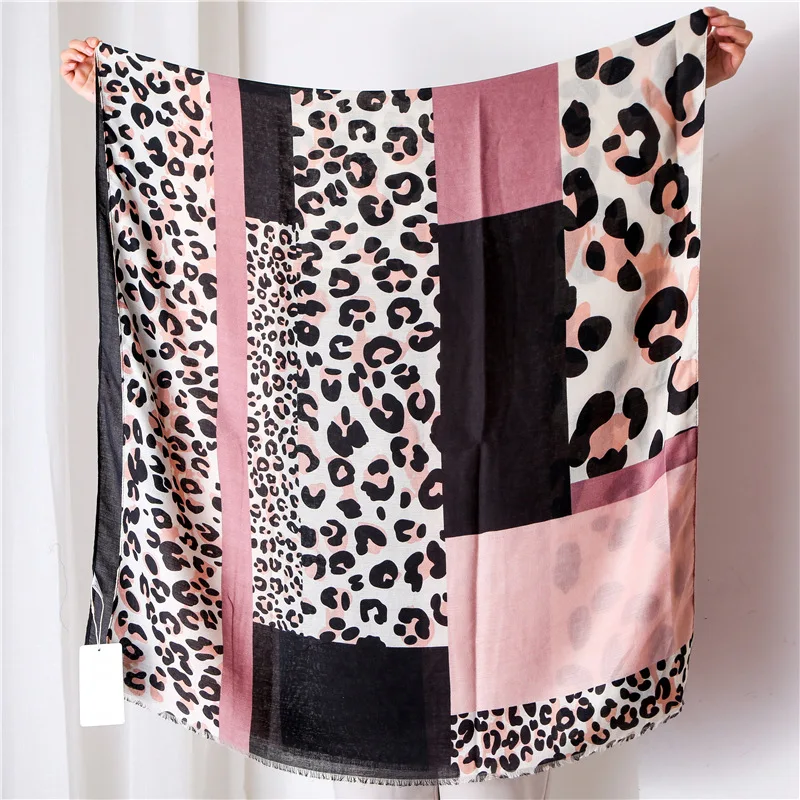 2021 High-end Cotton Viscose Leopard Colorblock Printing Big Stole Long Scarf Shawl Hijab