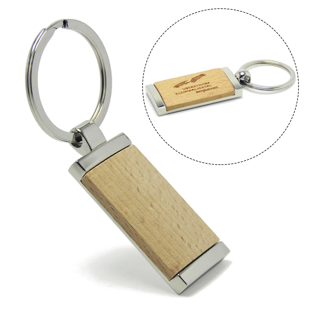 Zinc Alloy Metal Wood Key Chain Wooden Keyring Holder Promotion Rectangle DIY Gifts Handmade Wooden Keychain