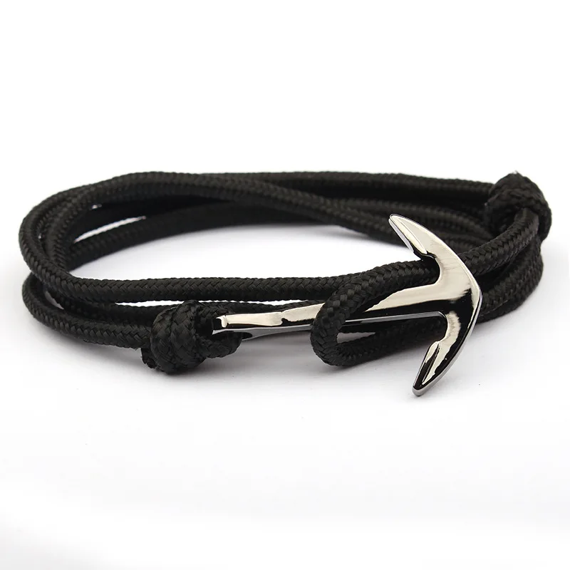 2024 factory price cheap jewelry fashion navy rope charm custom Black anchor bracelets men charm chain leather bracelet