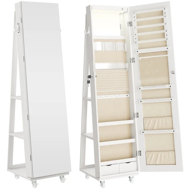 360° Rotating Jewelry Organizer Cabinet with LED Lights, Lockable Standing Jewelry Armoire with Full Length Makeup Mirror