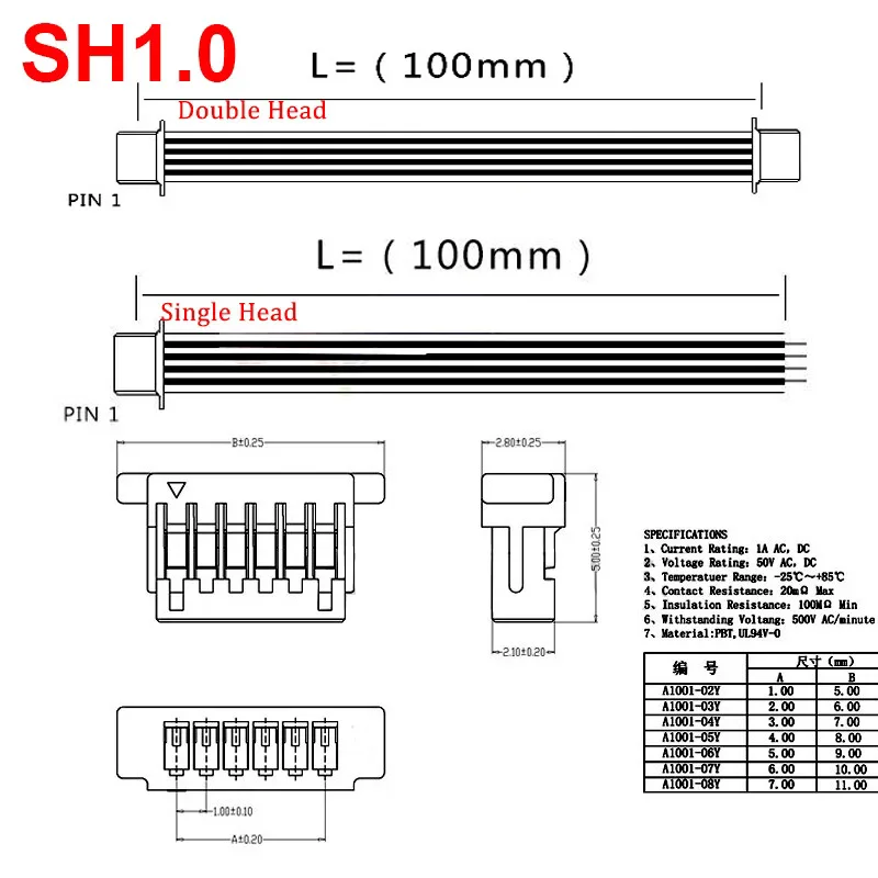 SH 1.0 JST 1.0mm Female to Female Plug Terminal Cable Wire Connector Electronic Line Single Double Head 28AWG 100mm