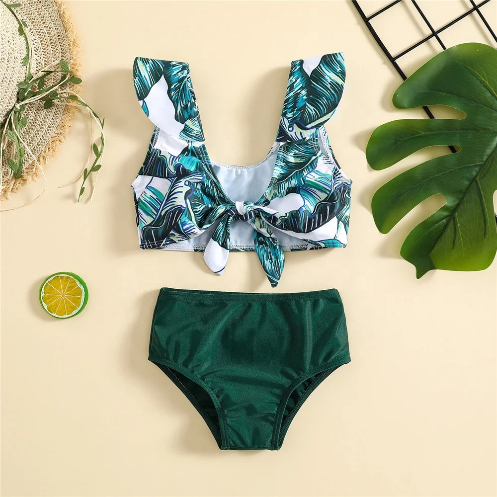 New Girls Bikini Kids Two Piece Swimsuit Ruffle-Strap Front Knot Tie Beachwear Floral Print Bathing Suit