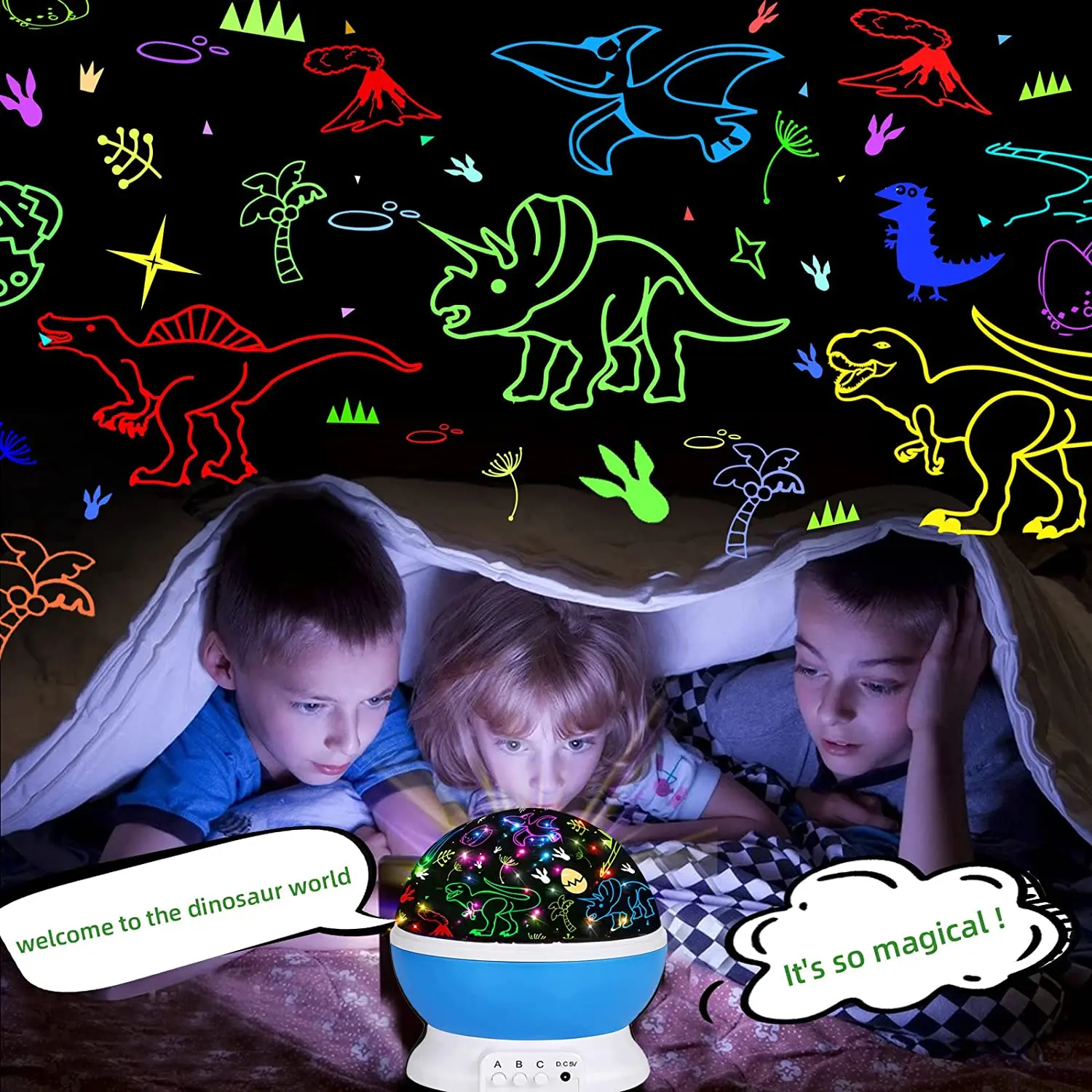 360 Degree Rotation Kids Night Light Dinosaur and Cars Projector, 4 LED Bulbs 9 Light Color Changing with USB Cable