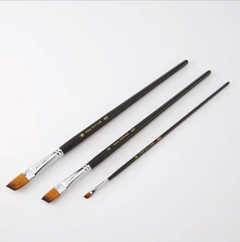 9pcs Long Rod Black Matt Nylon Wool Oblique Head for Watercolor Acrylic Oil Painting