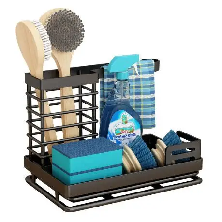 New Metal Matte Black Quick Draining Sponge Dish Brush Soap Dispenser Holder Kitchen Sink Caddy Organizer with Drain Tray