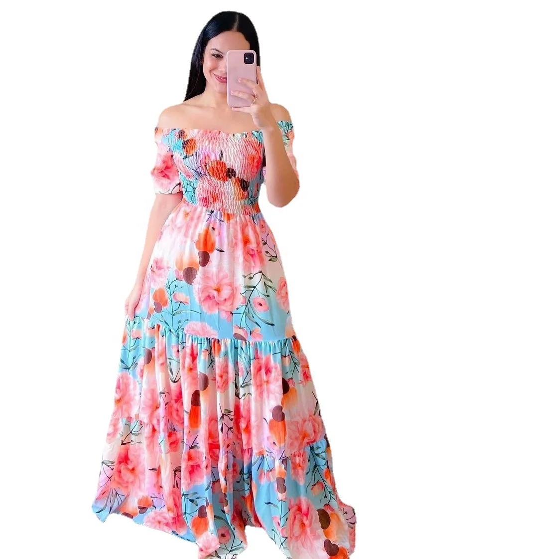 China Fashion Wholesale Flower Printing Boat Neck Sleeveless Maxi Long Skirts Stock Selling Polyester Party Beach Casual Dress