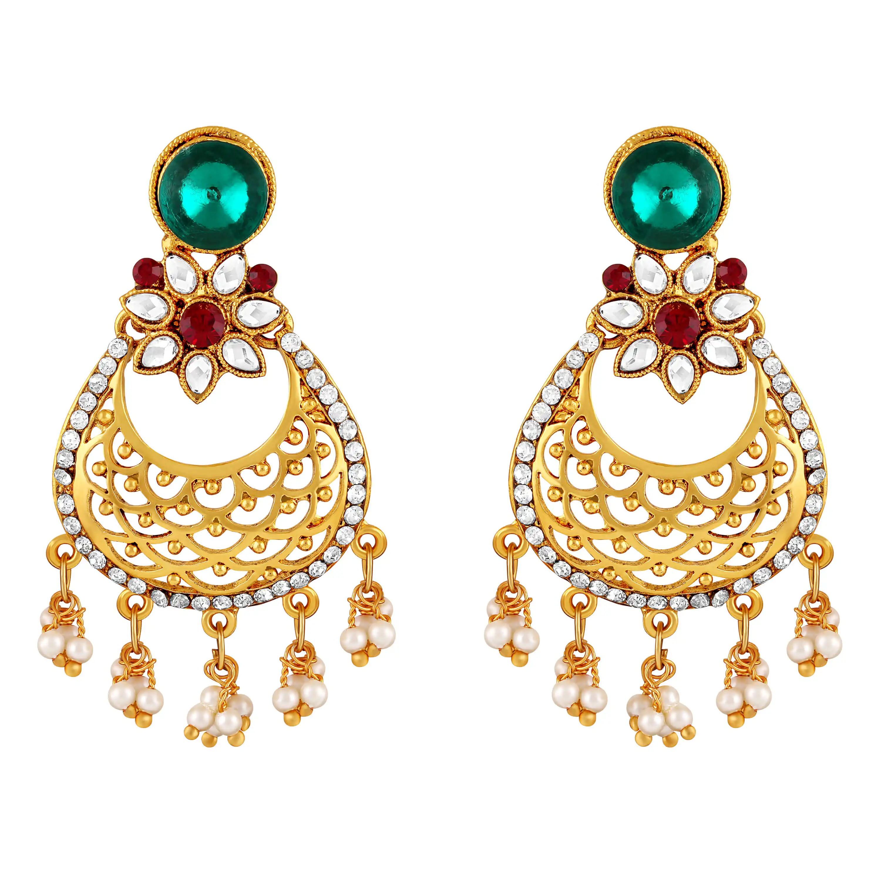 Trendy Gold plated filigree design chandbali shape kundan earring for women