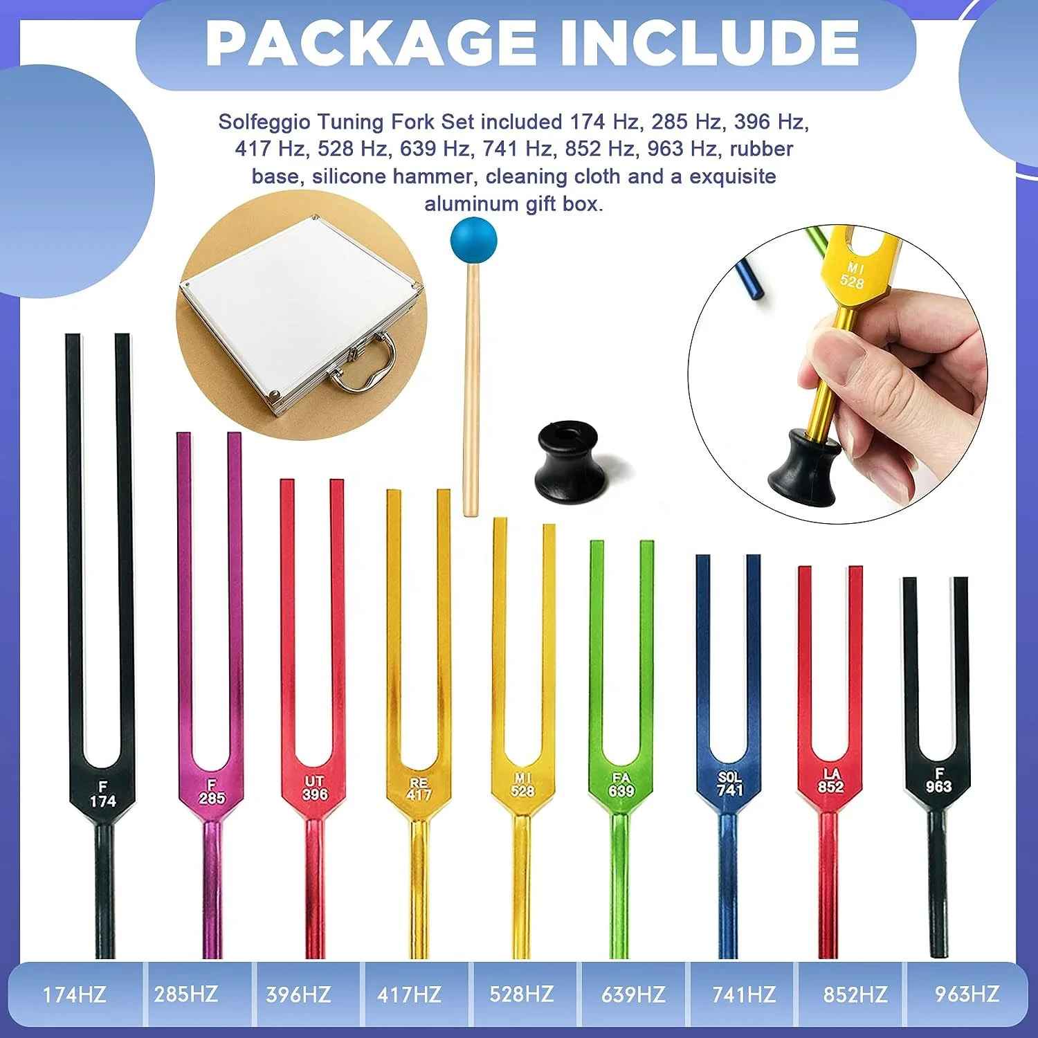Solfeggio Tuning Fork Set 9 Tuning Forks for DNA Healing Chakra Sound Therapy with Exquisite Aluminum Multicolour