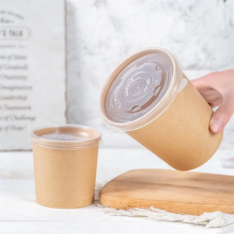 8oz 12oz 16oz 24oz Customized Single Time Use Brown White Kraft Food Packaging Container Paper Bowls Ramen Noodle Cup With Spoon