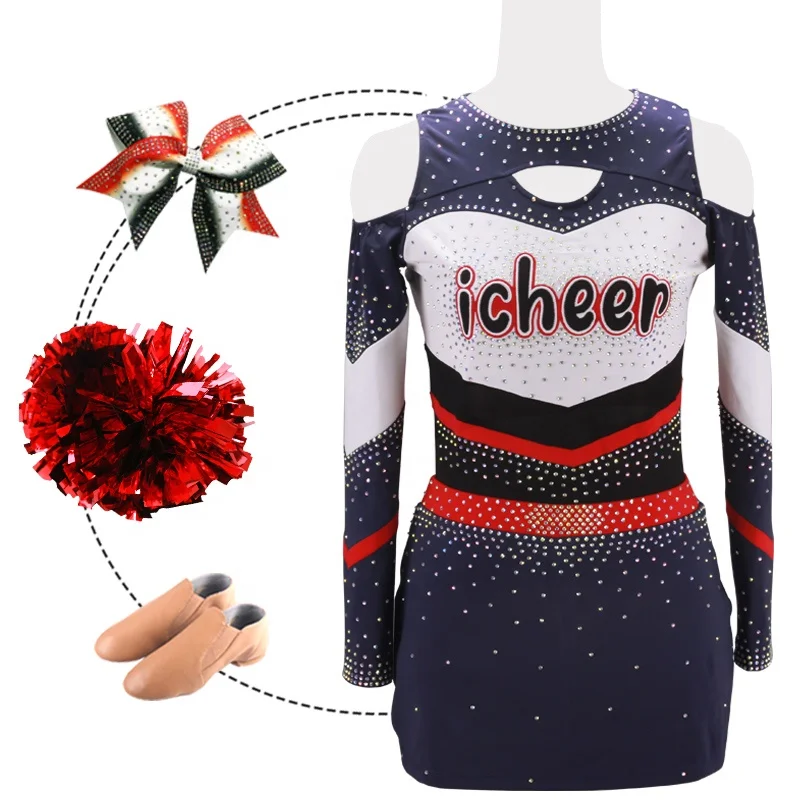 Perfessional Cheer Costumes Free Design Rhinestone Cheerleading Uniforms Accept Any Uniforms Cheerleader Wear Long Sleeve