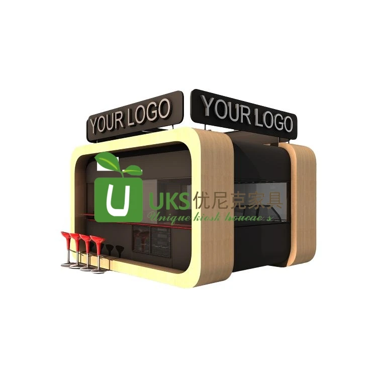 Rectangular Brown Coffee Kiosk Shopping Central Beverage Booth Cafe Display Cabinets Furniture For Sale