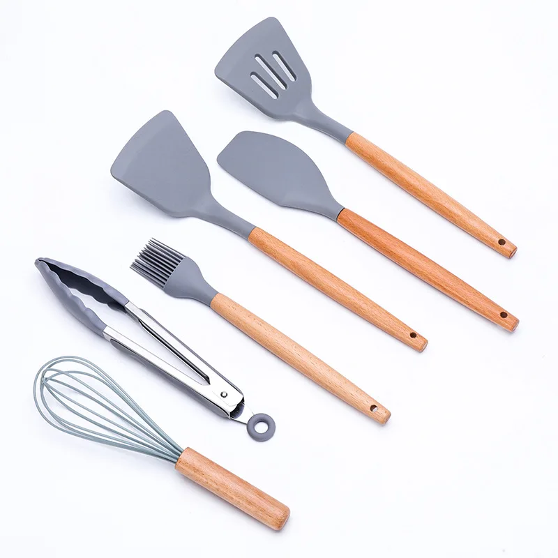Non Toxic 12 pcs Cooking Tools Kitchenware Cocina Spatula Silicone Kitchen Utensils Set With Wooden Handles