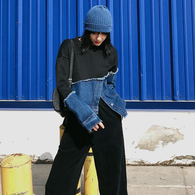 TWOTWINSTYLE Patchwork Denim Asymmetric Colorblock Loose Casual Womens Sweatshirt