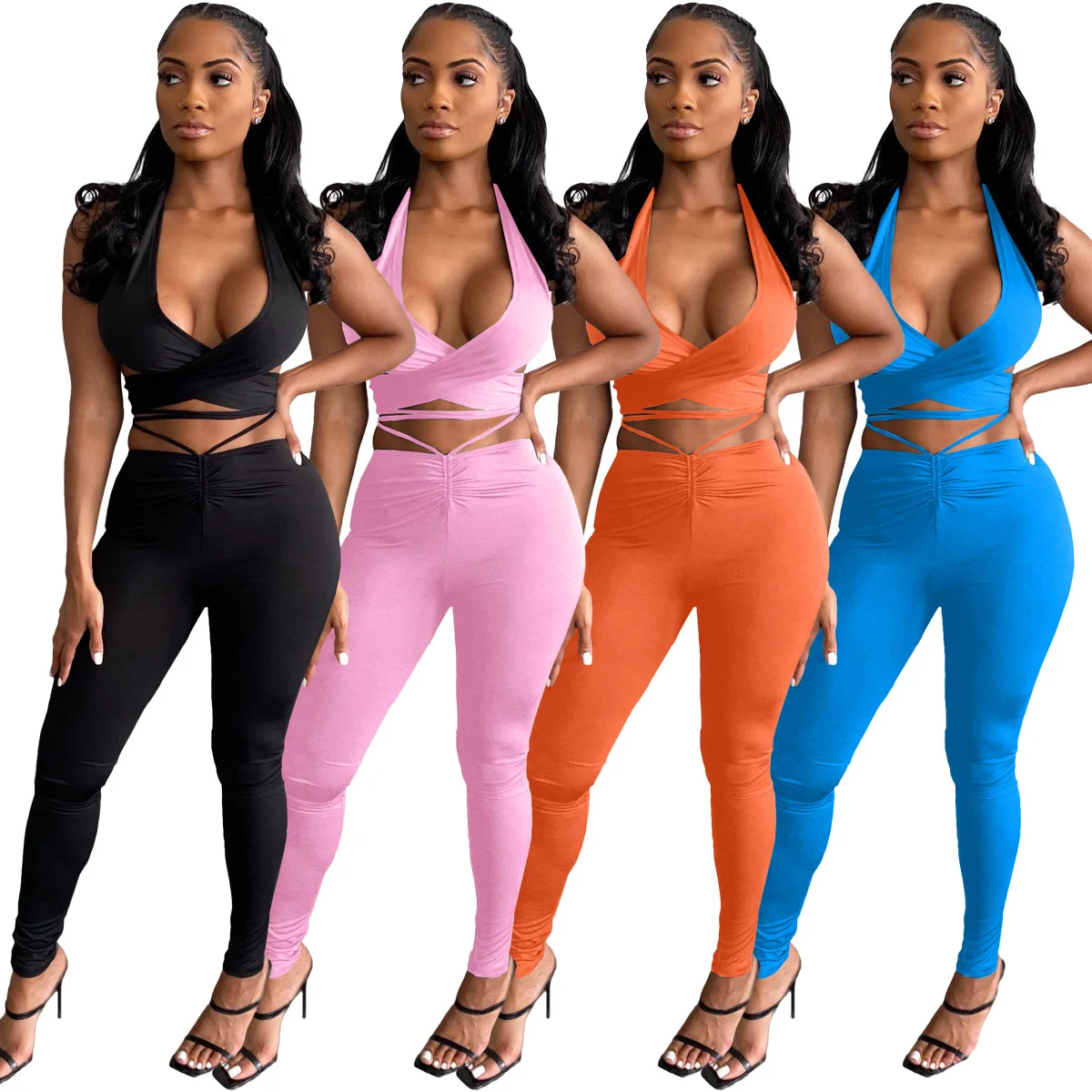 
drop shipping clothing vendor Hot Sale Autumn Woman Clothing Off Shoulder Crop Top Pants Set Ruched Sexy Two Piece Sets Women 